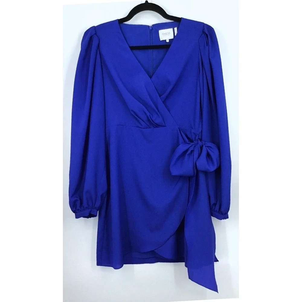 ONE33 Social Royal‎ Cobalt Blue Faux Wrap Dress Bow Tie Waist Long Sleeve Size 8 - Picture 2 of 9